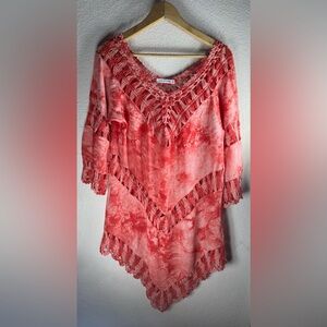 Women’s Coral Pink Tie-Dye Crochet V-Neck swim cover up